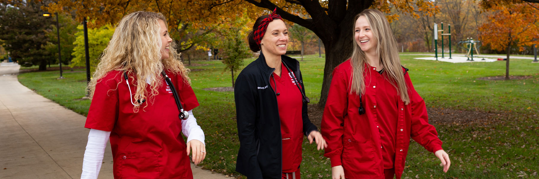 Nursing students walking around campus